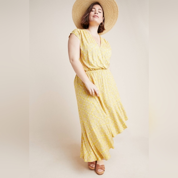 Anthropologie Long Maeve Print Fete Midi Dress Large Yellow summer Spring Dinner - Picture 1 of 14
